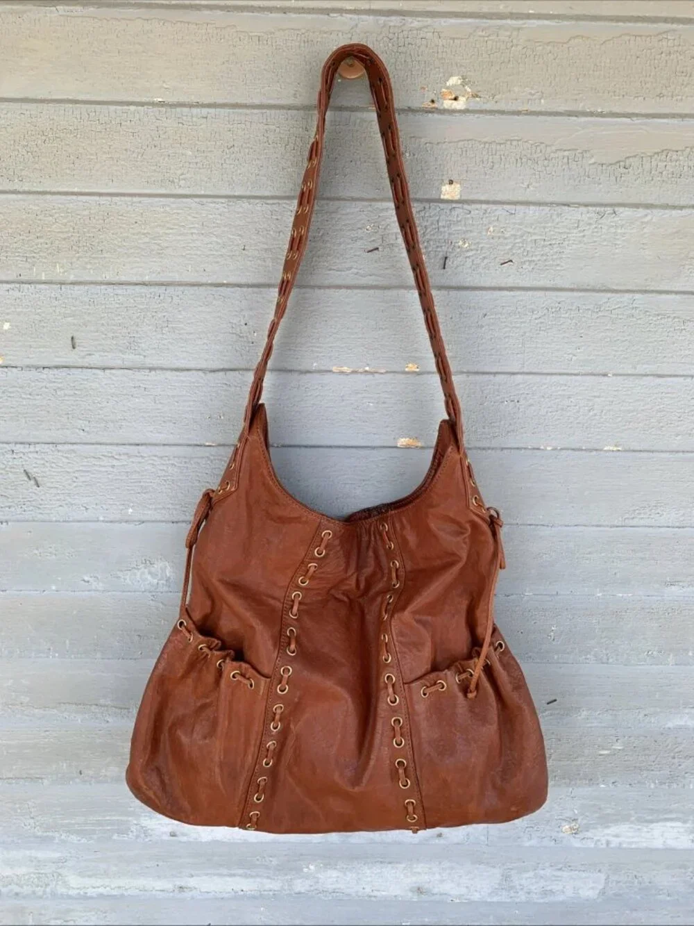 Kooba Marcelle Brown Leather Hobo Bag, Lavender Suede Lining, Magnetic Closure